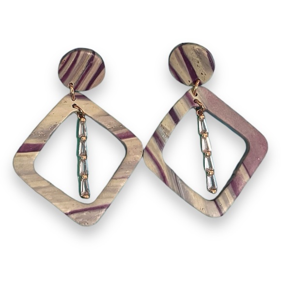 Striped Neutral Dangling CZ Earrings - Picture 2 of 4
